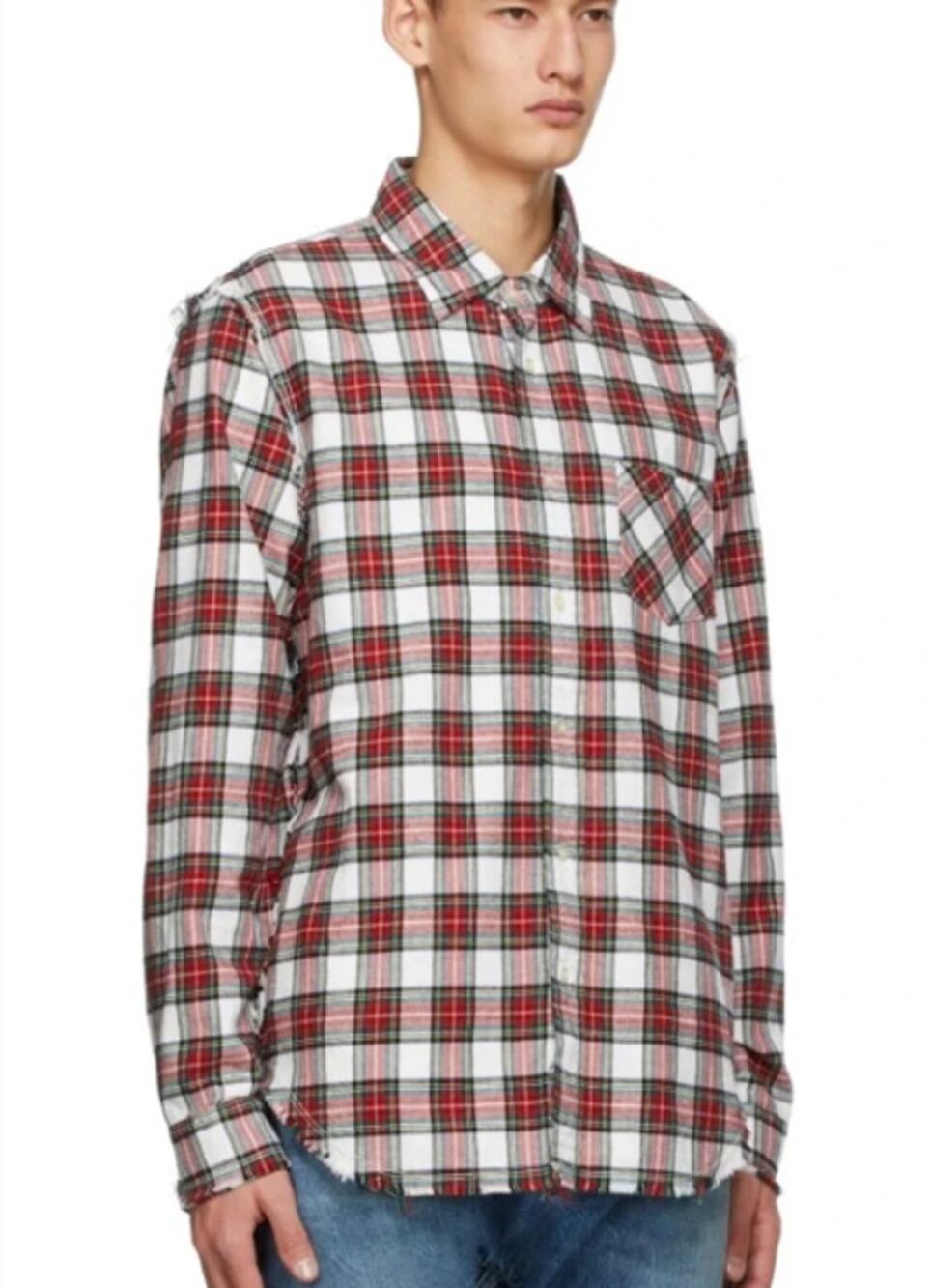 R13 Shirt Men Large Shredded Seam Plaid Flannel Button Up Grunge Distressed Punk